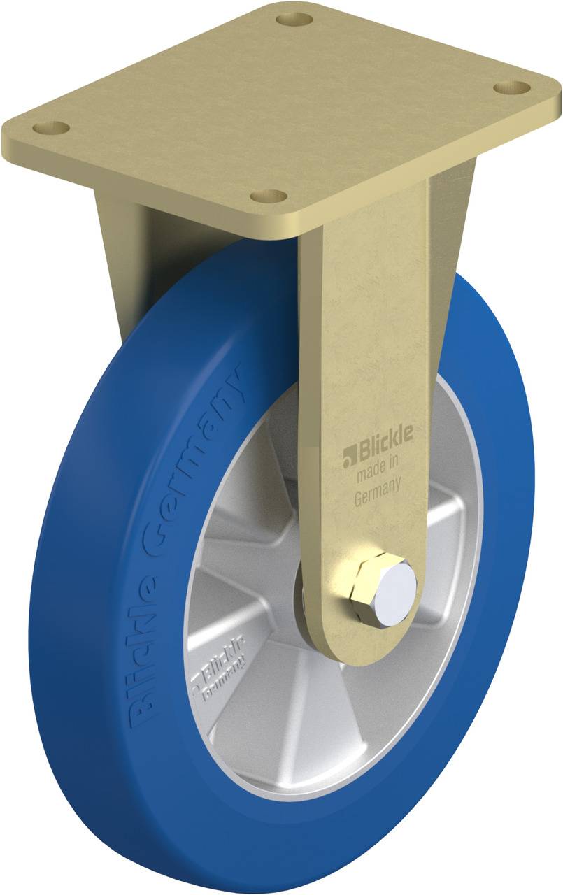 Industrie-Lenkrolle mit blauem Rad, silbernem Metallkern und goldener Befestigungsplatte. Aufschrift 'Blickle made in Germany'.