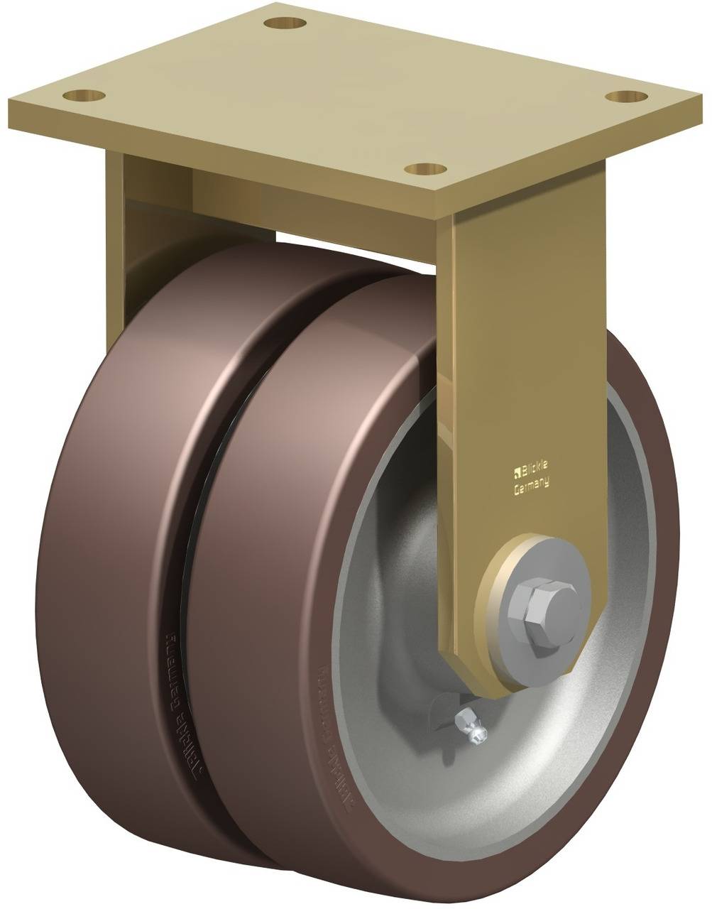 Doppelte Industrieverriegelungsrolle mit braunen Rädern und goldener Halterung, robustes Design für schwere Lasten.