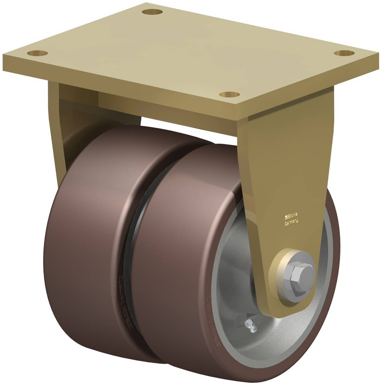 Industrie-Doppelrolle mit braunen Rädern und goldenem Gehäuse, montiert für Schwerlastanwendungen.
