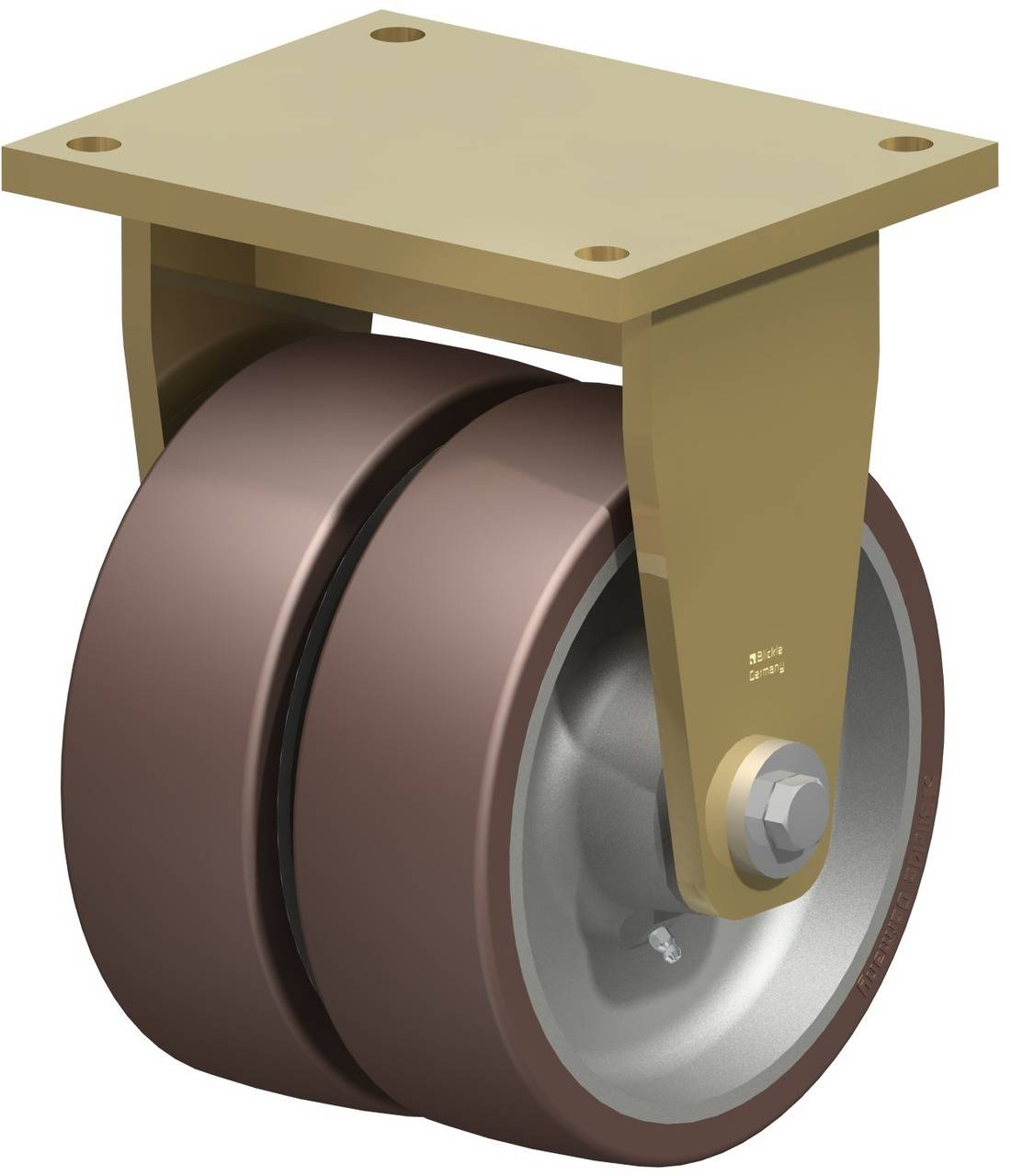 Ein doppeltes Schwenkrad aus Metall mit rotbraunen Rädern, montiert an einer rechteckigen gelben Metallplatte mit vier Schraubenlöchern.
