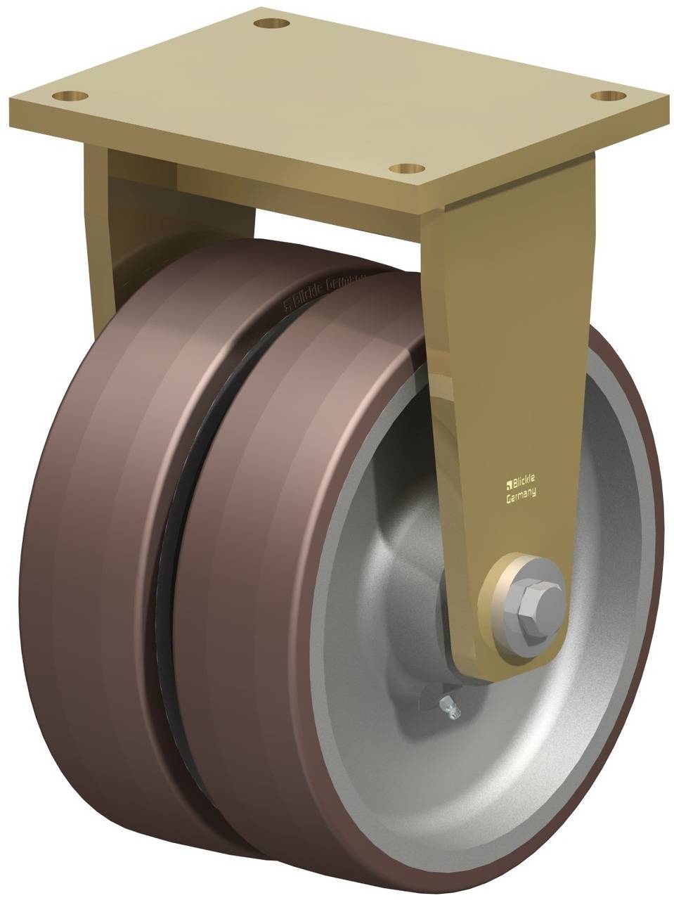 Ein doppelt bereiftes Metall-Lenkrollenrad mit braunen Gummireifen und einer goldfarbenen Befestigungshalterung.