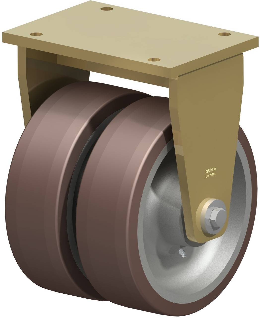 Doppelrolle aus Metall und Kunststoff, montiert an einer rechteckigen Metallplatte mit Bolzenlöcher. Geeignet für Schwerlastanwendungen.