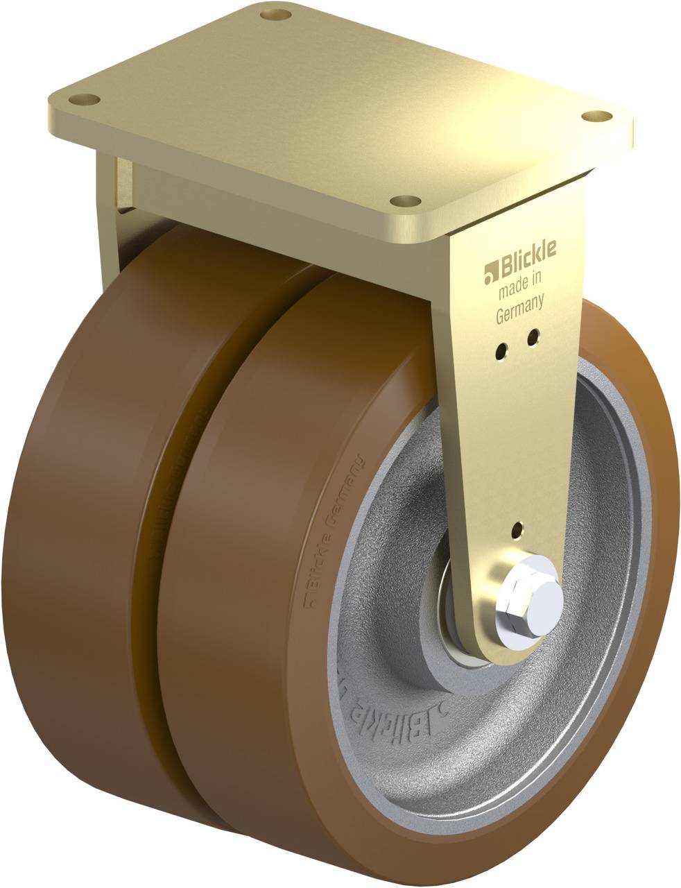 Doppelte Schwerlastrolle mit braunen Polyurethanreifen und einer goldfarbenen Metallhalterung. Markiert mit 'Blickle made in Germany'.