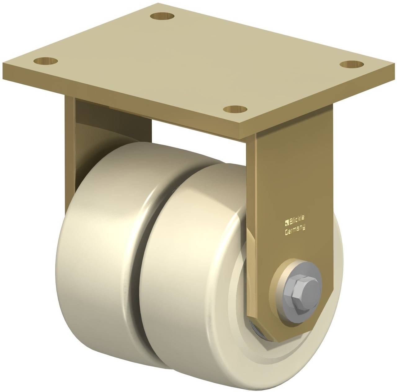 Industrie-Lenkrolle aus Metall mit doppelten weißen Rädern und rechteckiger Montageplatte. Geeignet für schwere Lasten.
