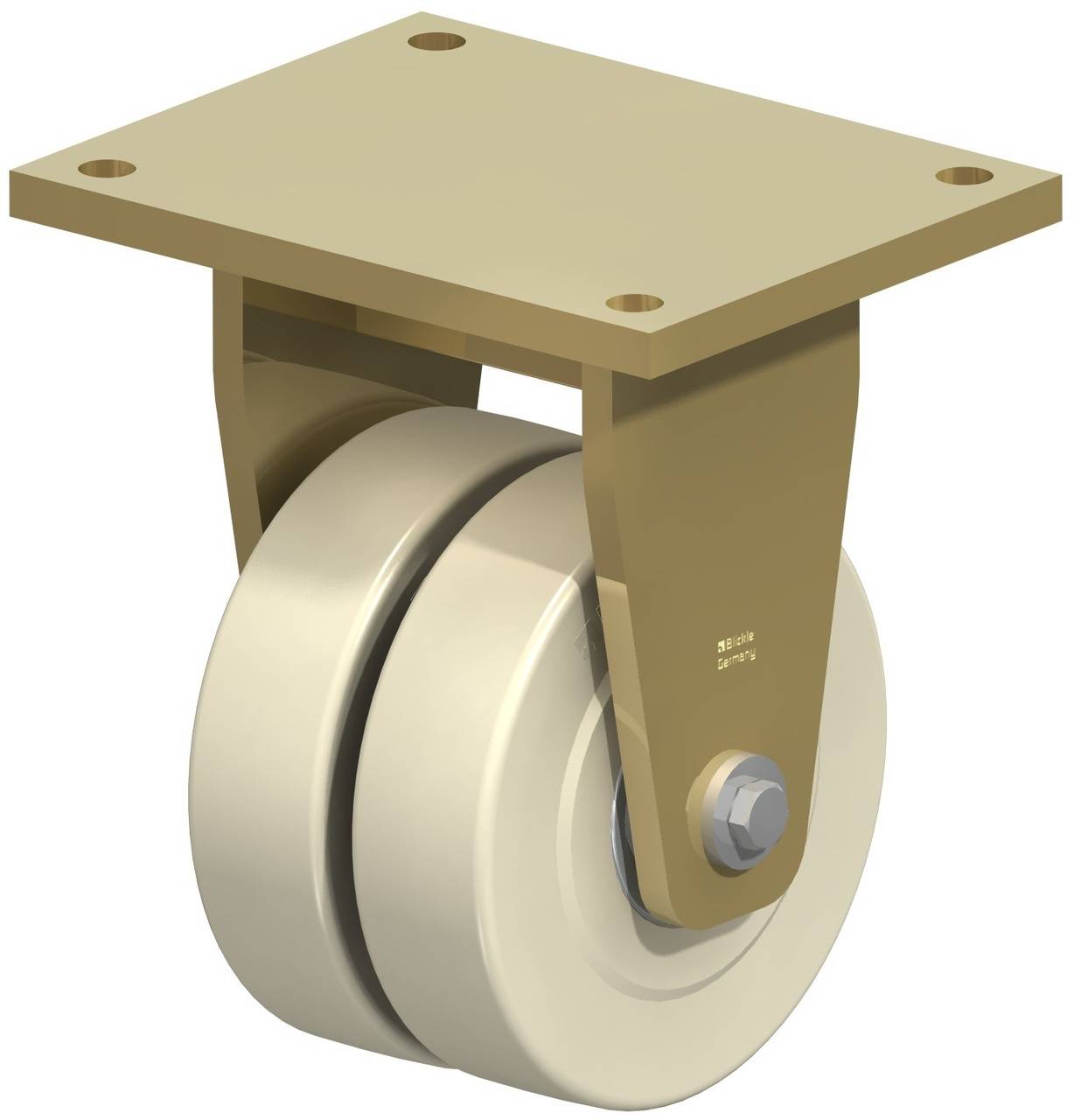 Schwenkrolle mit rechteckigem Montageplattenadapter aus Metall, zwei parallel angeordneten weißen Rädern.