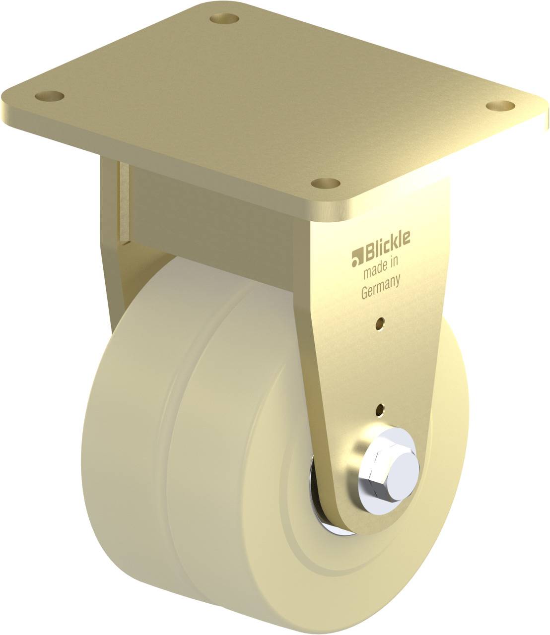 Eine goldene, robuste Lenkrolle mit Befestigungsplatte und Schriftzug 'Blickle made in Germany', geeignet für industrielle Anwendungen.