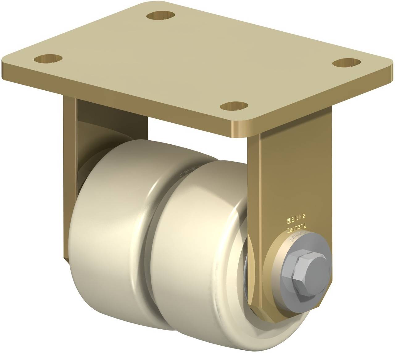 Ein Doppelrollen-Lenkrollenmechanismus aus Metall und Kunststoff, geeignet für den Einsatz unter schweren Lasten.