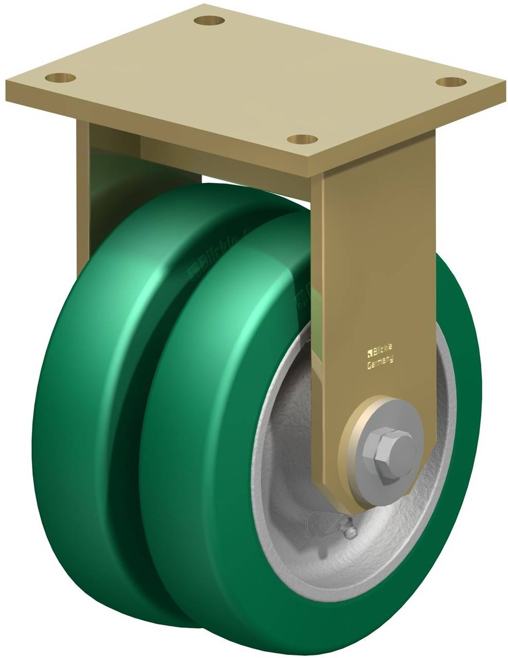 Doppelrad-Rollenlager aus Metall und grünem Gummi, mit Anschlussplatte zur Montage, verwendet für Transport- oder Industrieanwendungen.