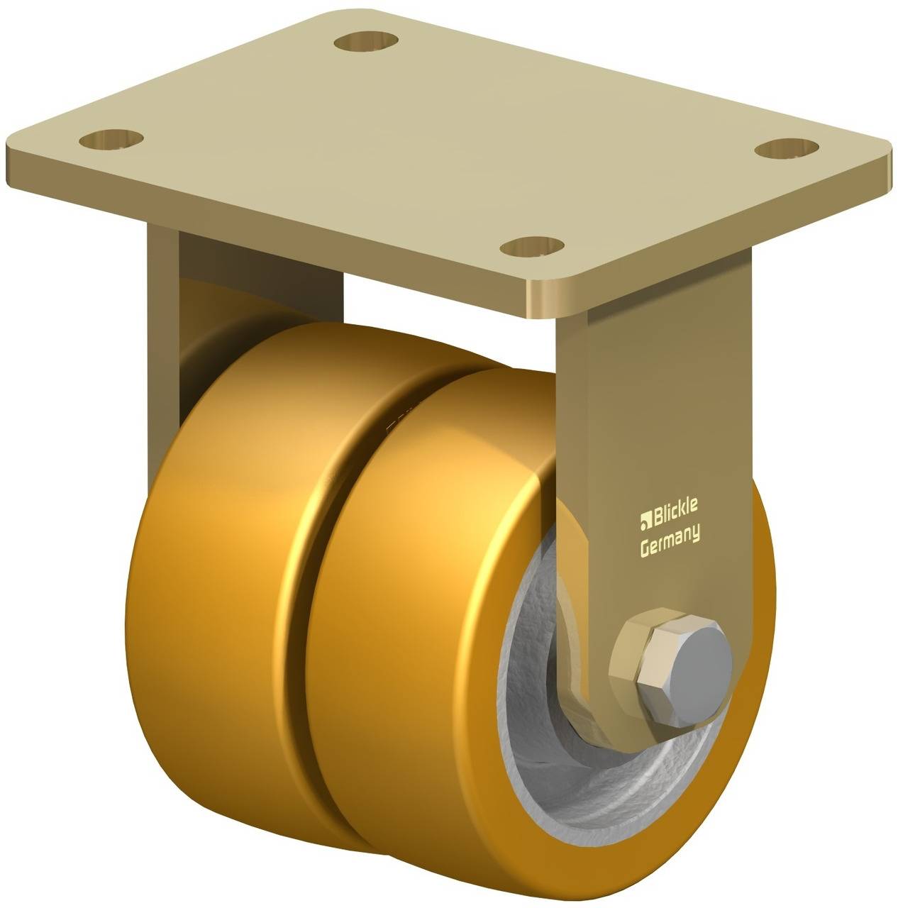 Ein doppeltes goldfarbenes Rad mit rechteckiger Bodenplatte, geeignet für industrielle Anwendungen.