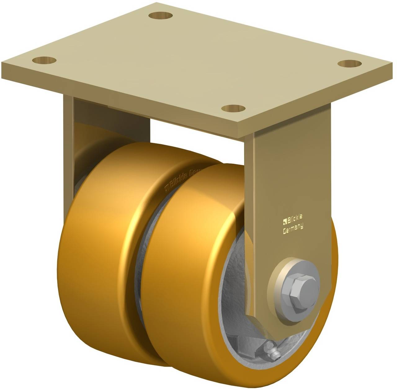 Ein doppeltes Laufrollenrad mit einer rechteckigen Montageplatte aus Metall, geeignet zur Befestigung unter schweren Geräten.