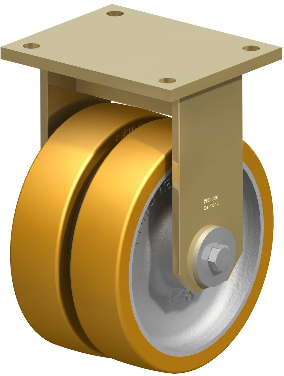 Ein goldgelbes Industrierad mit Befestigungsplatte, geeignet für schwere Lasten oder Maschinen, ruht auf einer festen, flachen Oberfläche.