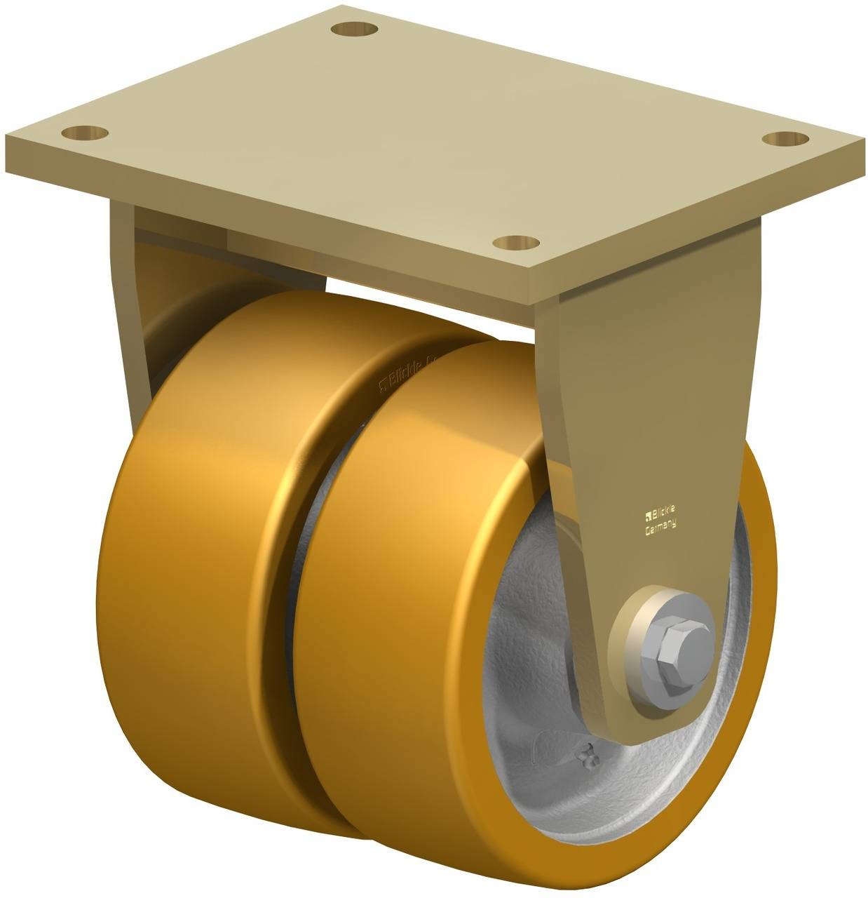 Doppelrolle aus Metall mit gelben Rädern und Halterung, geeignet für schwere Lasten. quadratische Befestigungsplatte mit vier Löchern.