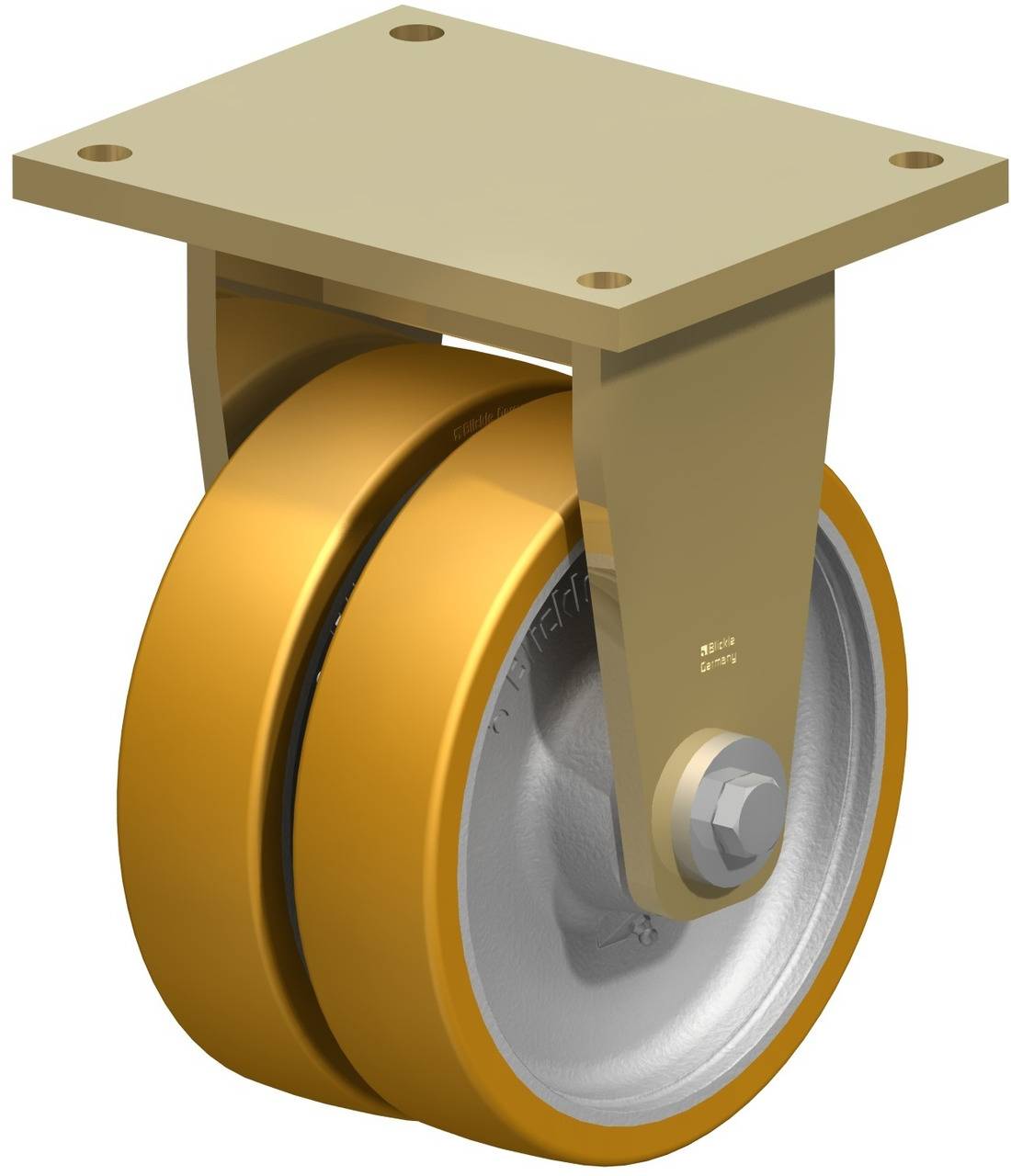 Hochbelastbares, schwenkbares Rad mit doppelten gelben Rollen und metallener Halterung, geeignet für industrielle Anwendungen.