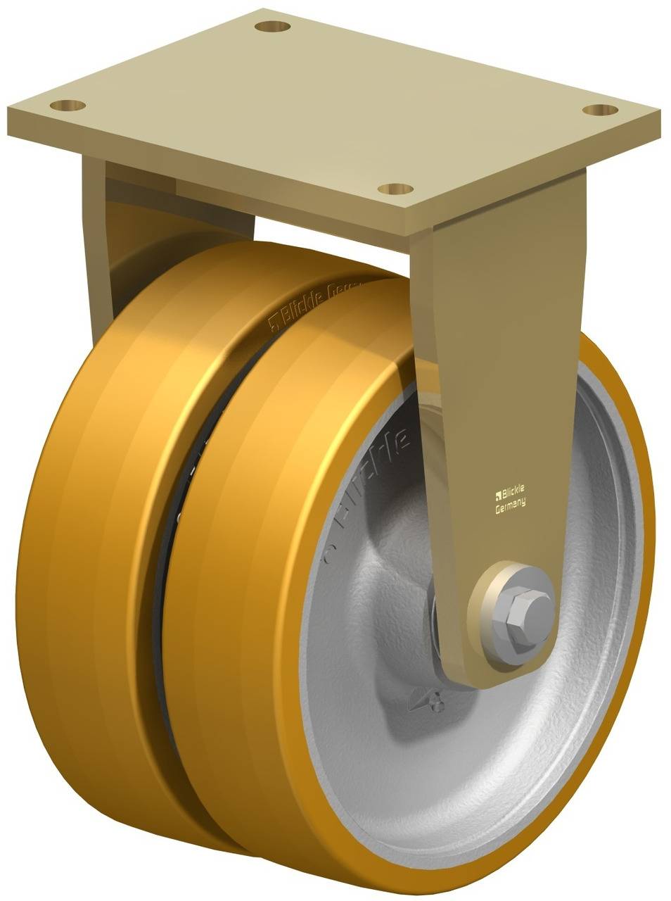 Ein goldfarbenes Doppelrad mit einer rechteckigen Montageplatte, geeignet für schwere Lasten. Sieht robust und industriell aus.