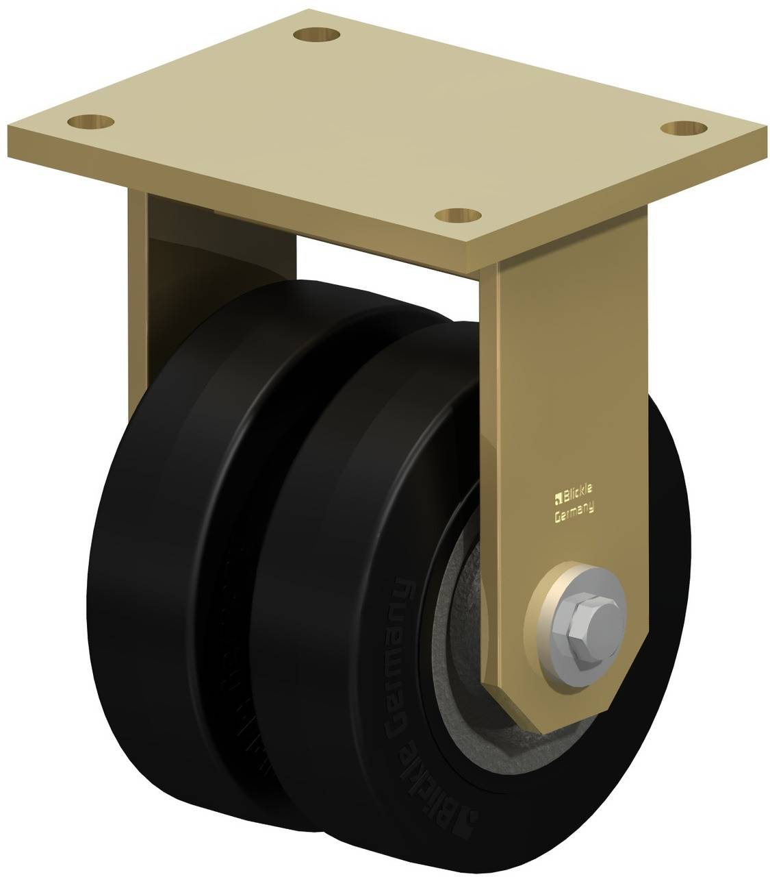 Zweifaches schwarzes Rad mit goldener Halterung und großer Schraube in der Mitte, möglicherweise für industrielle Anwendungen.