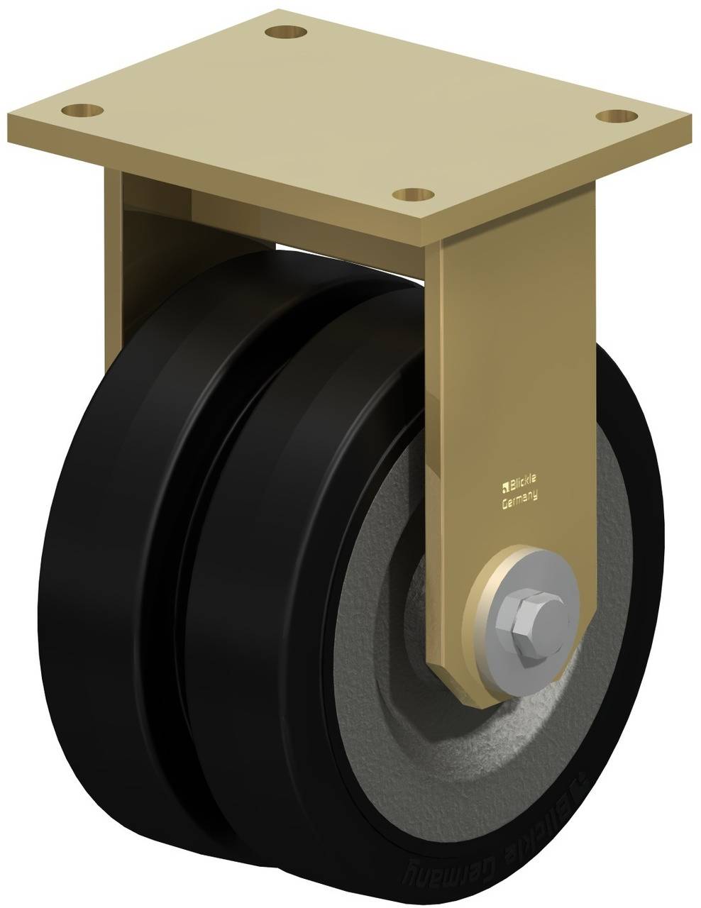 Zwillingslenkrolle mit goldener Halterung und schwarzem Rad. Typisch für industrielle Anwendungen, mit robustem Design und starker Tragfähigkeit.