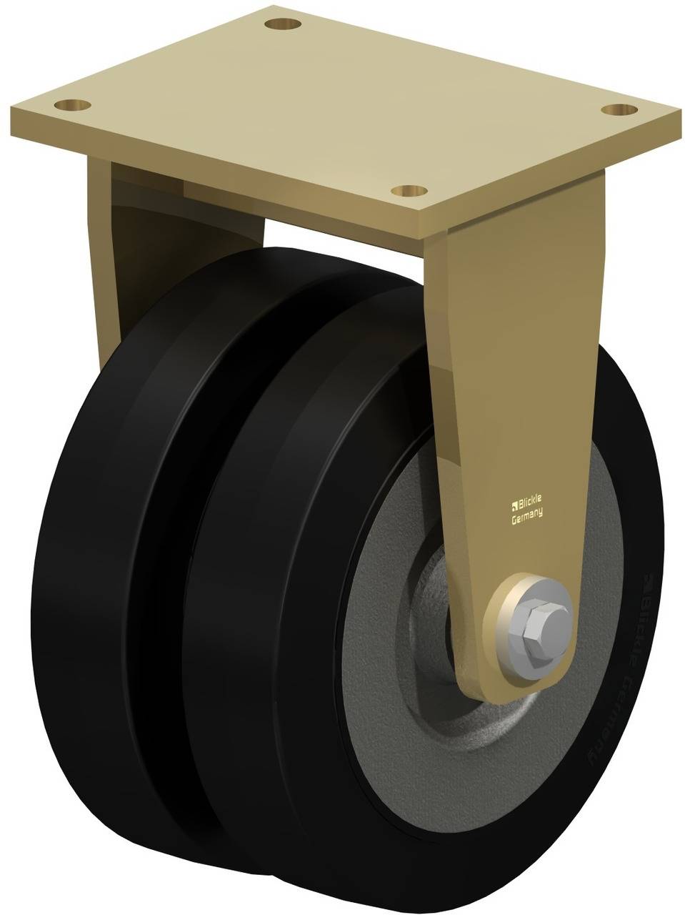 Industrie-Doppelrolle mit schwarzem Rad und goldenem Metallgehäuse, ausgelegt für schwere Lasten.