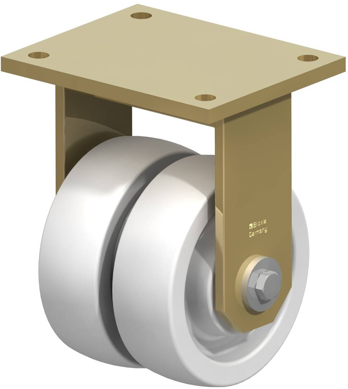 Ein Doppelrad-Rollenlager in einem goldenen Metallgehäuse, geeignet für Lastentransport.