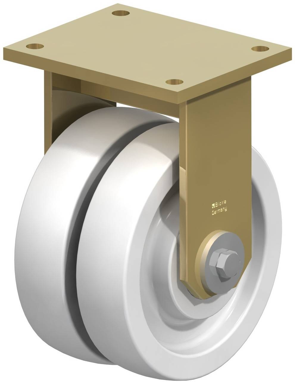 Großes weißes Rad mit einer goldfarbenen Halterung zur Befestigung. Geeignet für schwere Lasten in industriellen Anwendungen.