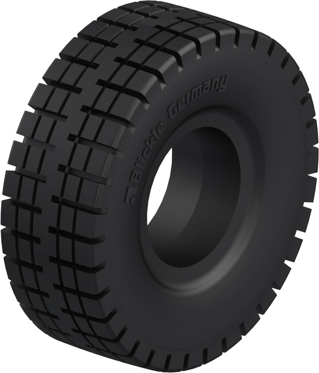 'Bridgestone Germany'-Reifen mit tiefem Profil, geeignet für schwere Fahrzeuge. Seitenansicht zeigt Profil und Markenname.