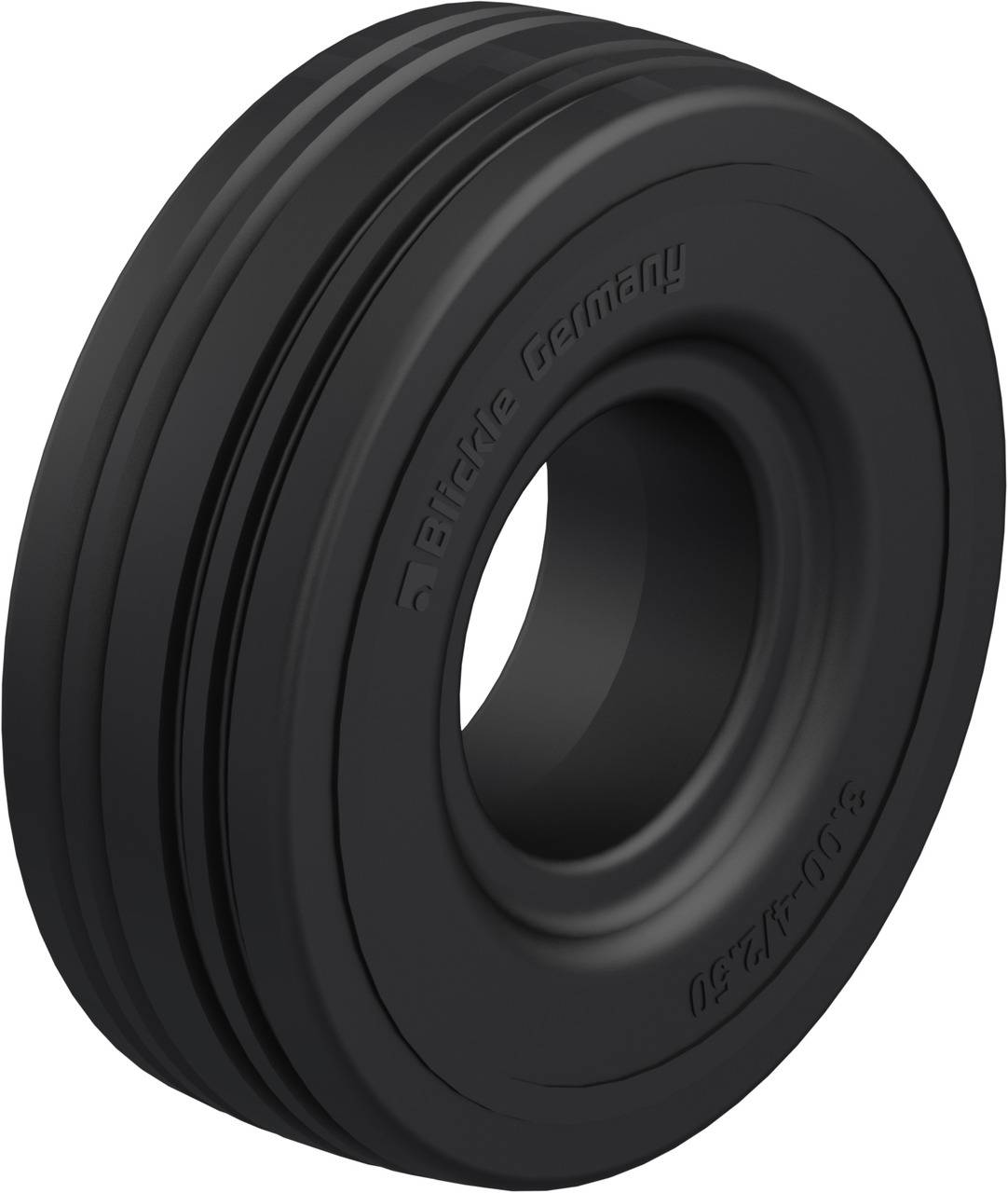 Ein schwarzes, massives Rad mit Rillen und der Aufschrift 'Birdie Germany' an der Seite.