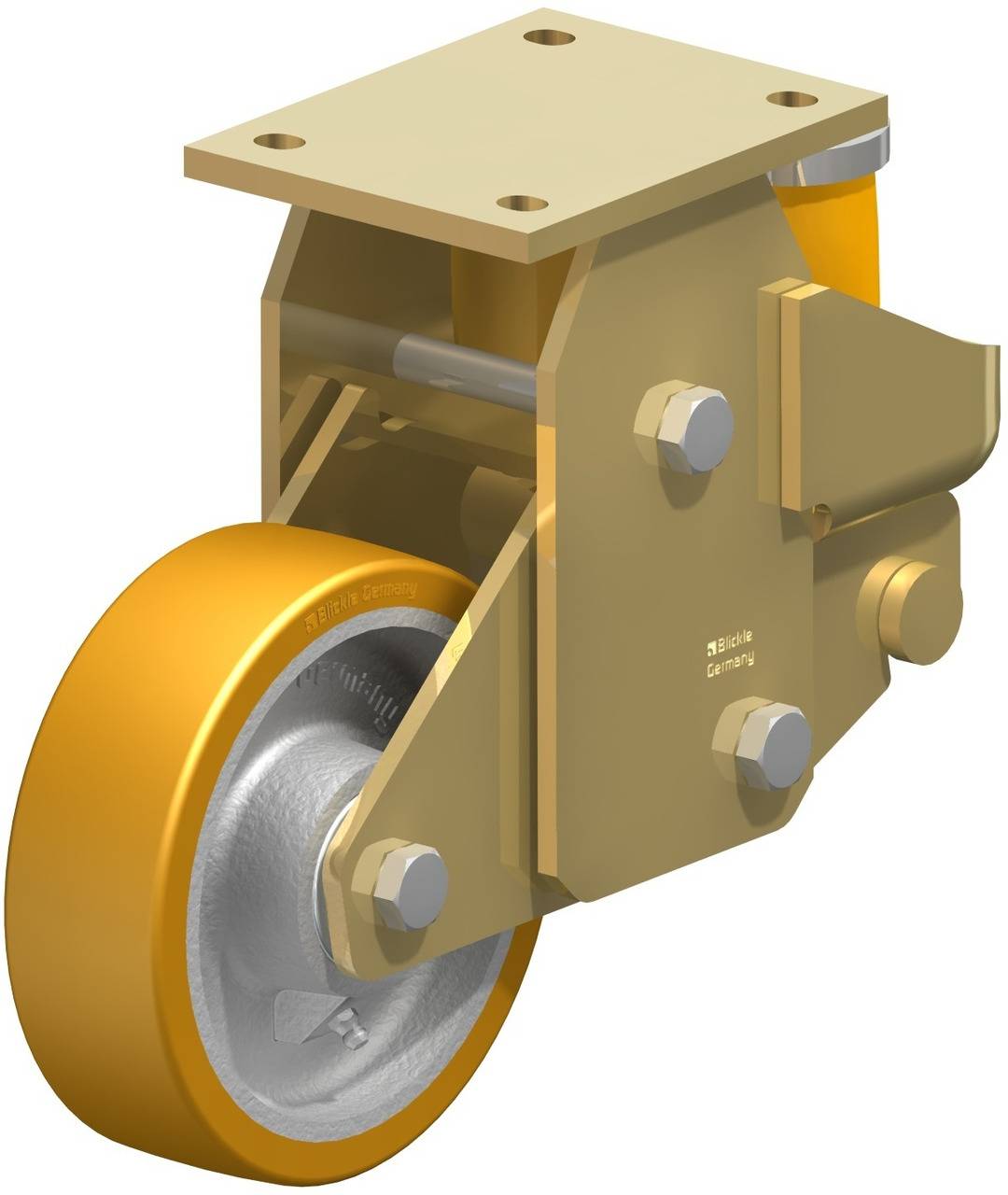 Ein goldenes Schwenkrollenrad mit Metallplatte, Zapfen und Führungselementen, das wahrscheinlich in industriellen Anwendungen eingesetzt wird.