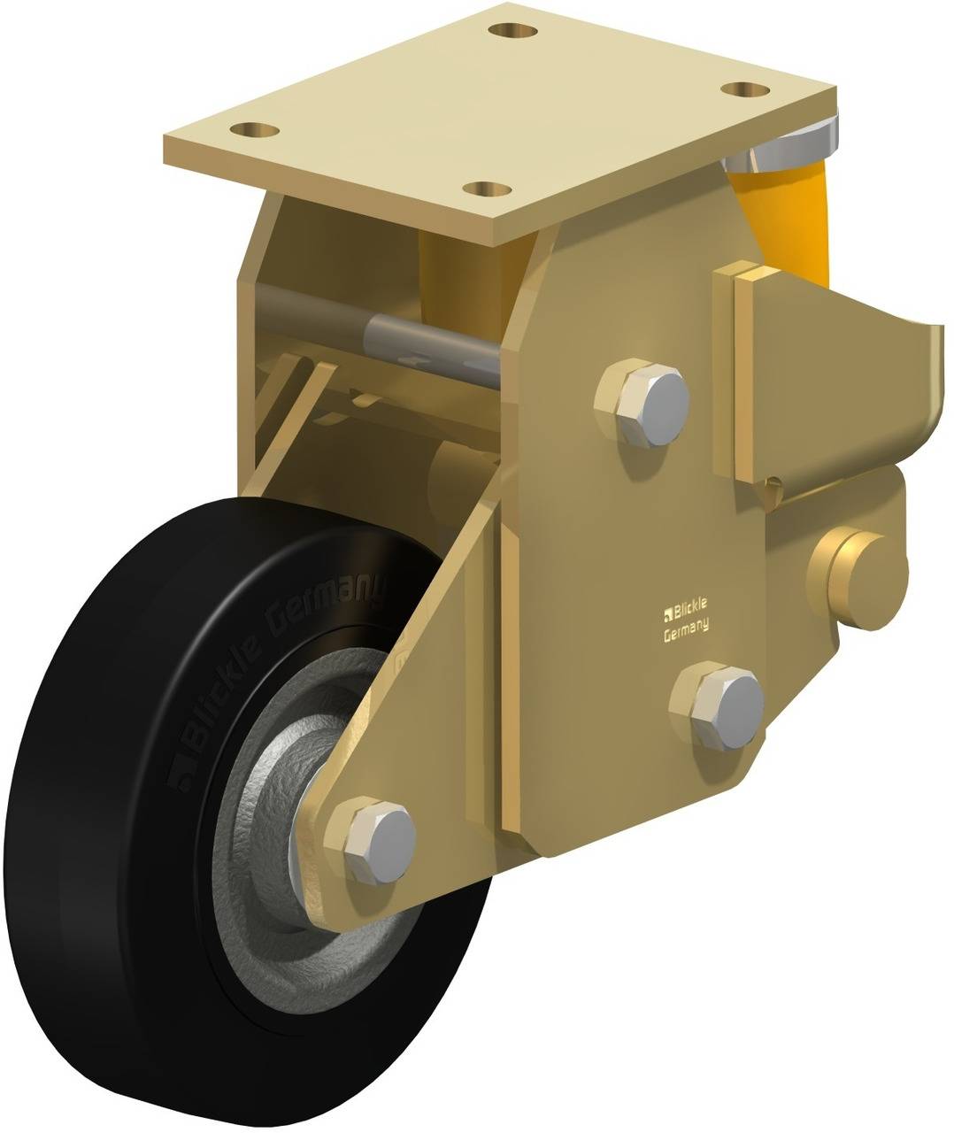 Industrie-Schwenkrolle mit schwarzem Rad und beigefarbener Halterung, geeignet für schwere Lasten.