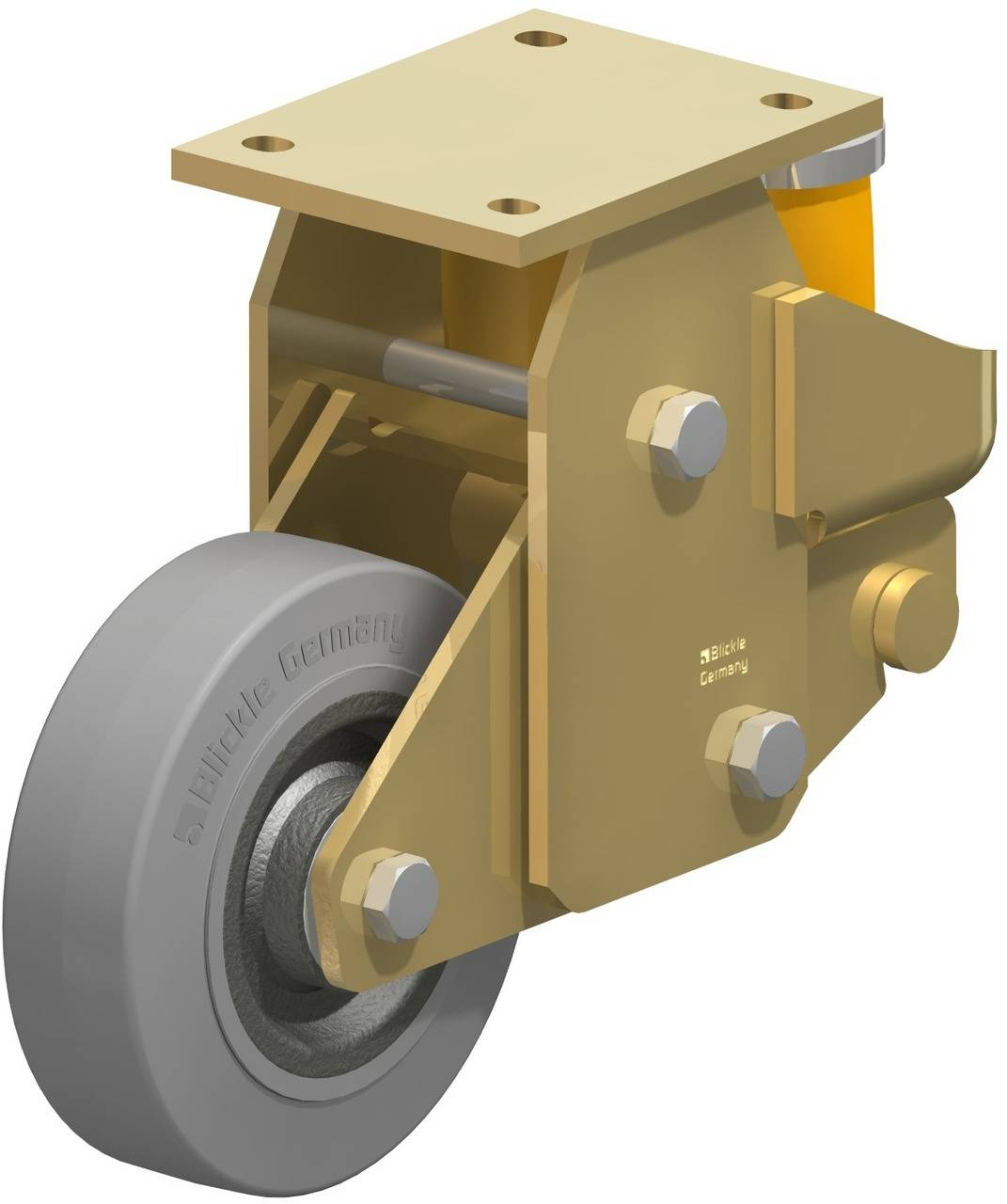 Industrie-Stützrad mit goldfarbenem Gehäuse und grauem Rad. Geeignet für schwere Lasten und flexible Bewegung.