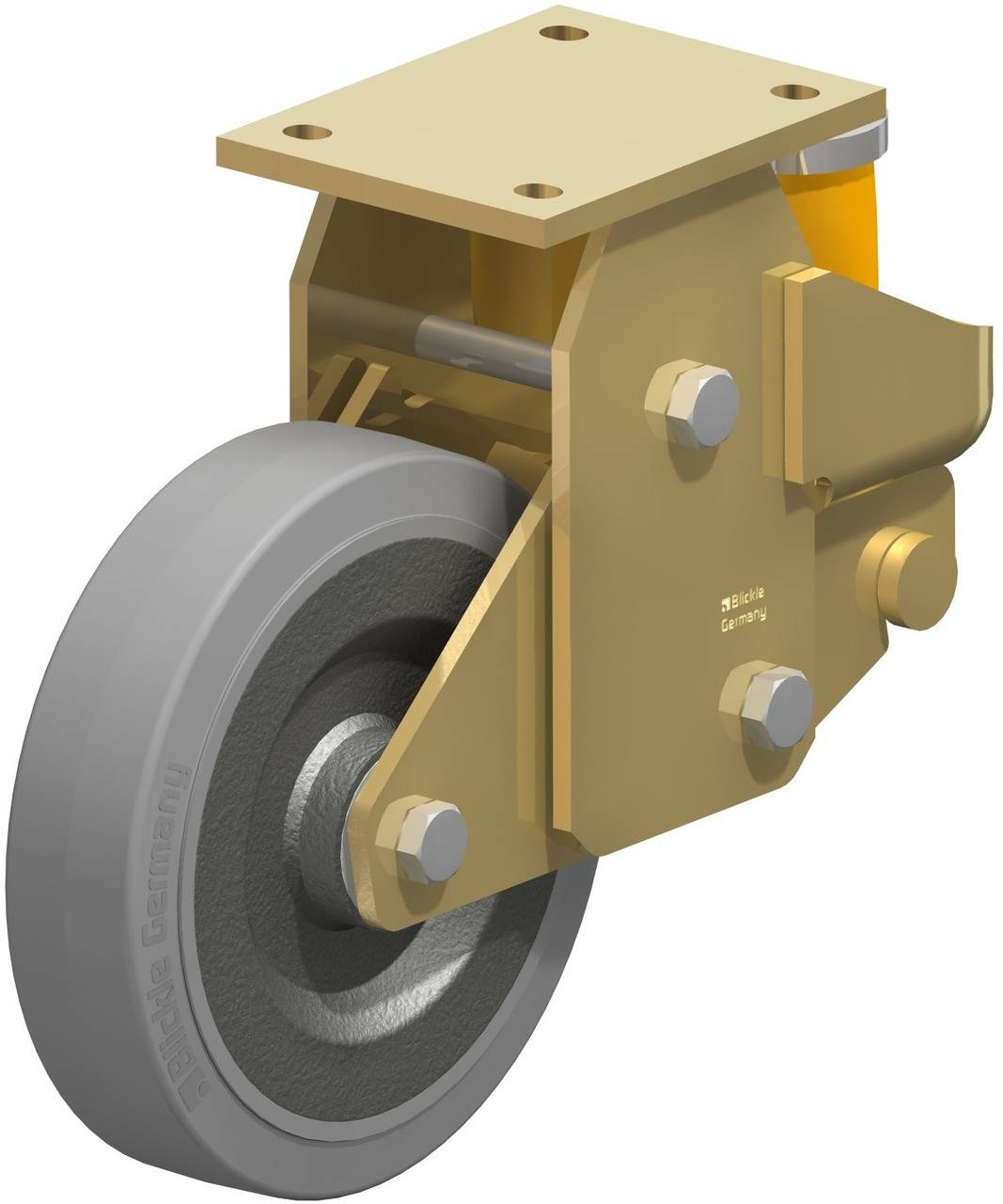 Industrie-Schwenkrolle aus Metall mit grauem Rad und gelbem Element, geeignet für schwere Lasten, robustes Design für industrielle Anwendungen.