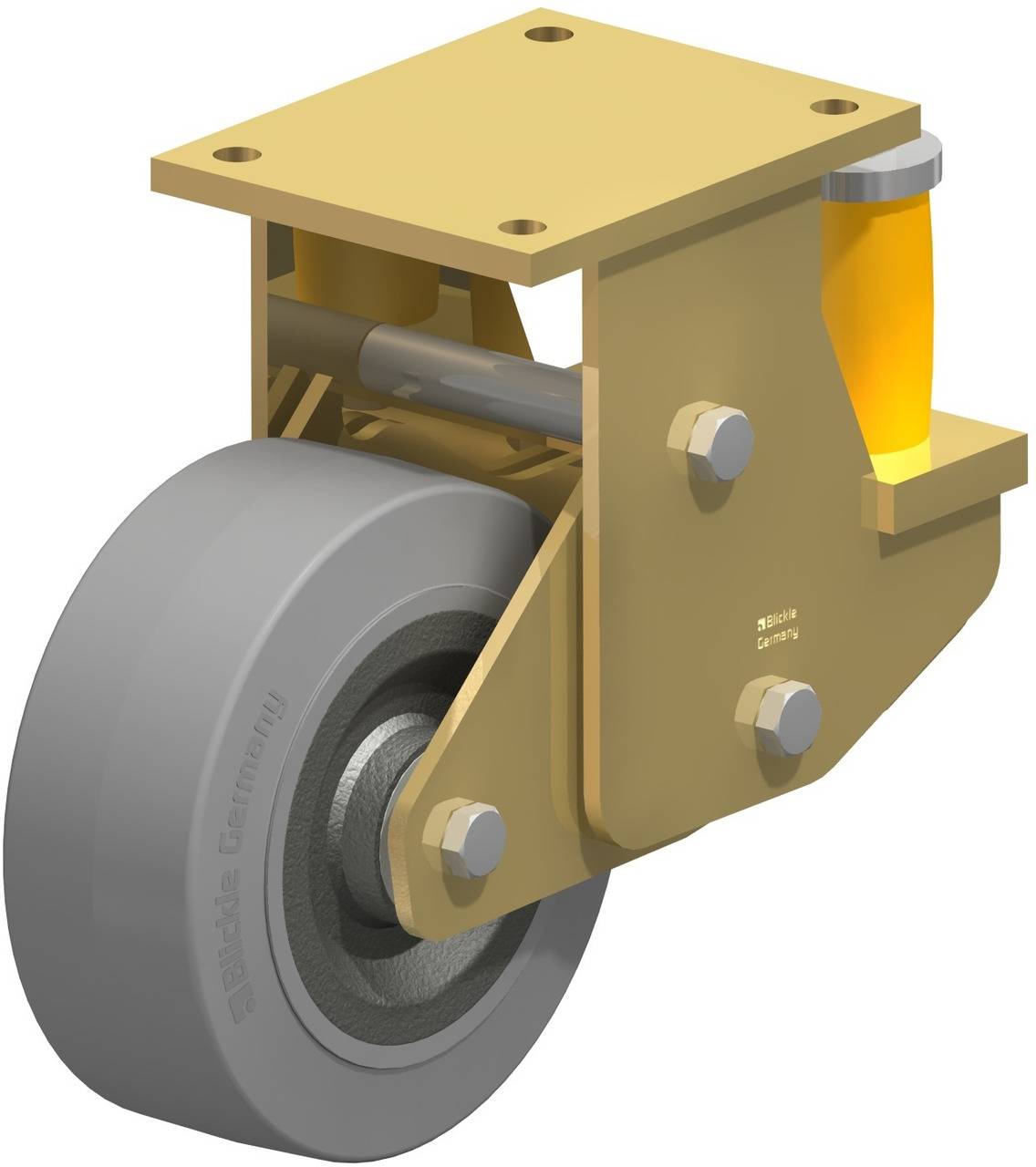 Industrie-Rad aus Metall und Gummi mit goldfarbenem Gehäuse und integriertem Stoßdämpfer. Geeignet für schwere Lasten.