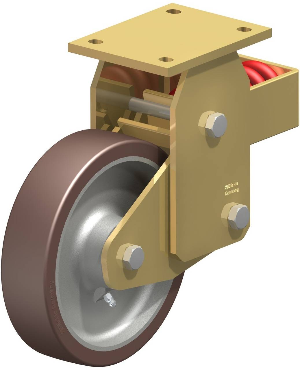 Ein drehbares Schwerlast-Lenkrollenrad aus Metall mit Gummilauffläche und seitlichen Schrauben, geeignet für hohe Belastungen.