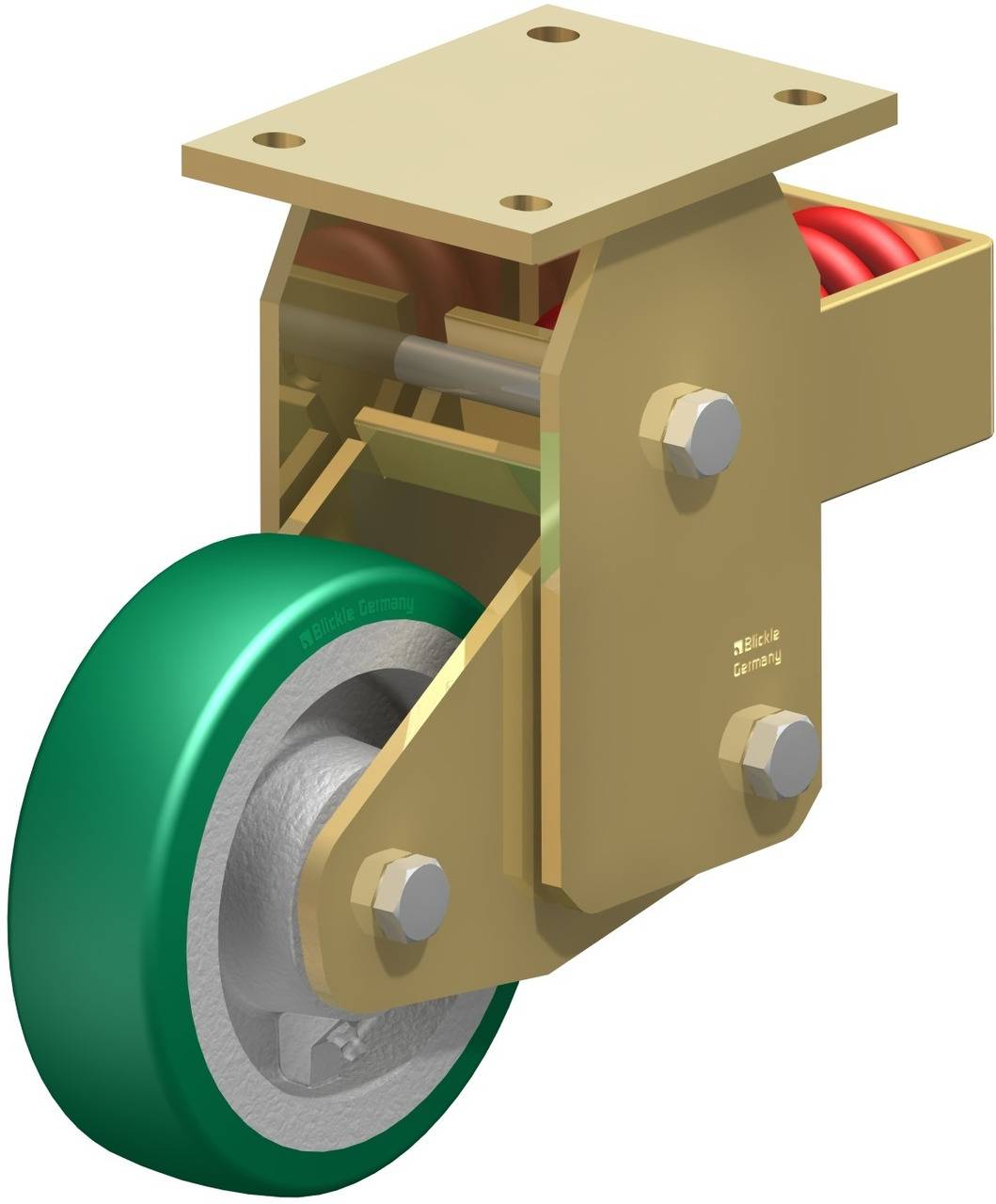Metallisches, schwenkbares Rad mit grünem Reifen, geeignet für schwere Lasten. Oben ist eine rechteckige Montageplatte sichtbar.