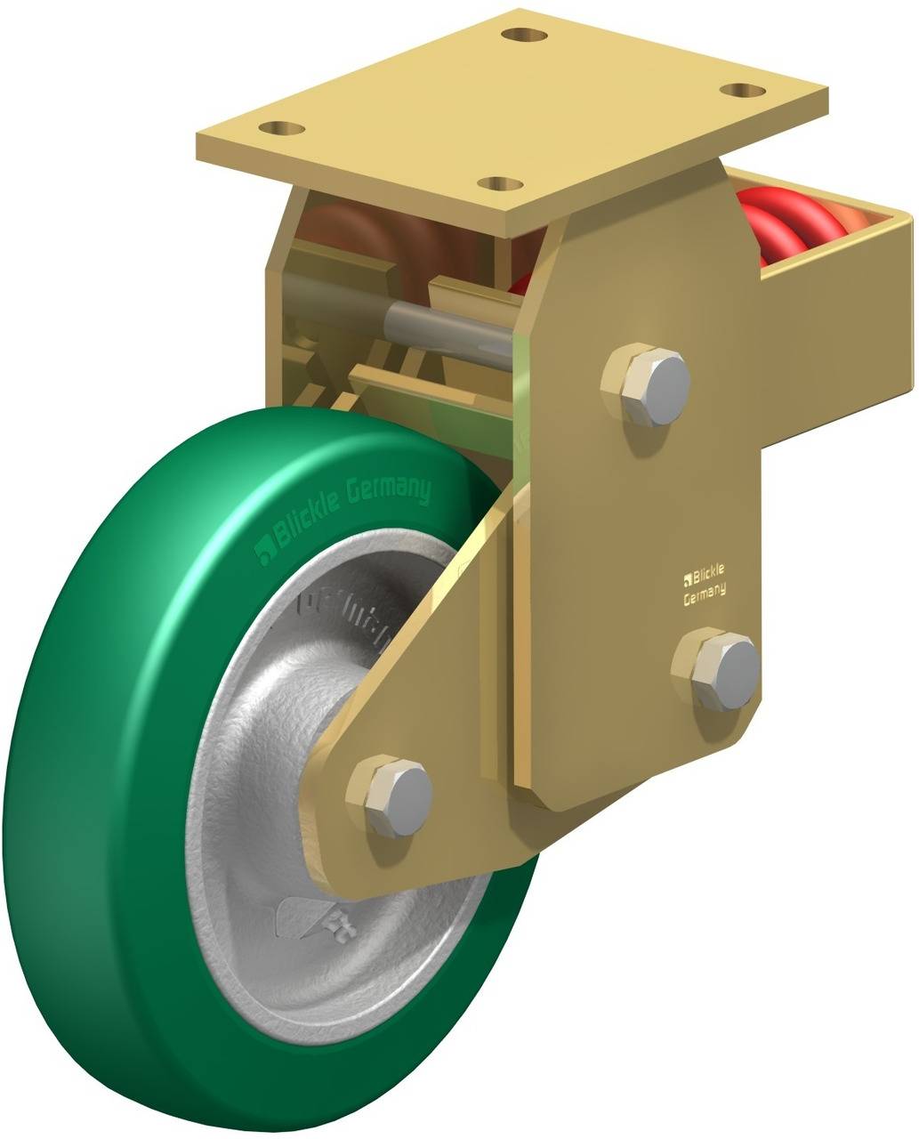 Ein grünes Schwerlast-Lenkrolle mit metallischer Halterung, sichtbarem Rad und Aufhängung, geeignet für industrielle Anwendungen.