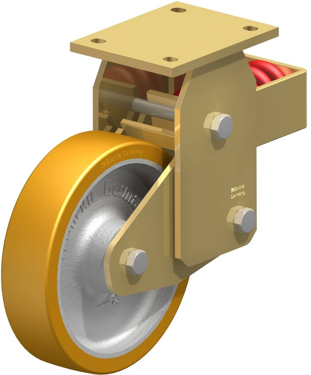 Gelenktes Laufrollenrad mit gelbem Rad, metallischem Gehäuse und rotem Federsystem, geeignet für industrielle Anwendung.