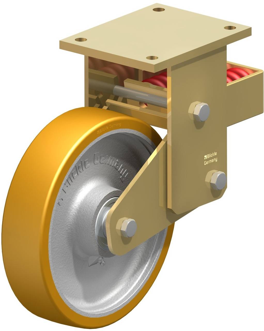 Industrielles Rad aus Metall mit gelbem Gummireifen und robuster Halterung. Geeignet für schwere Lasten in industriellen Umgebungen.