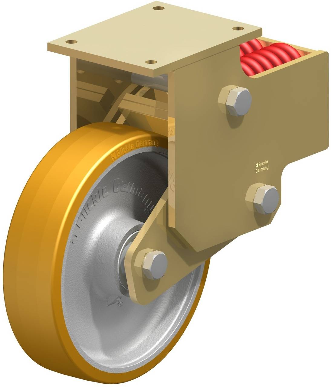 Technische Darstellung eines rollenden gelben Rads mit Metallhalterung und Spiralfeder, wahrscheinlich Teil eines Maschinenapparats.