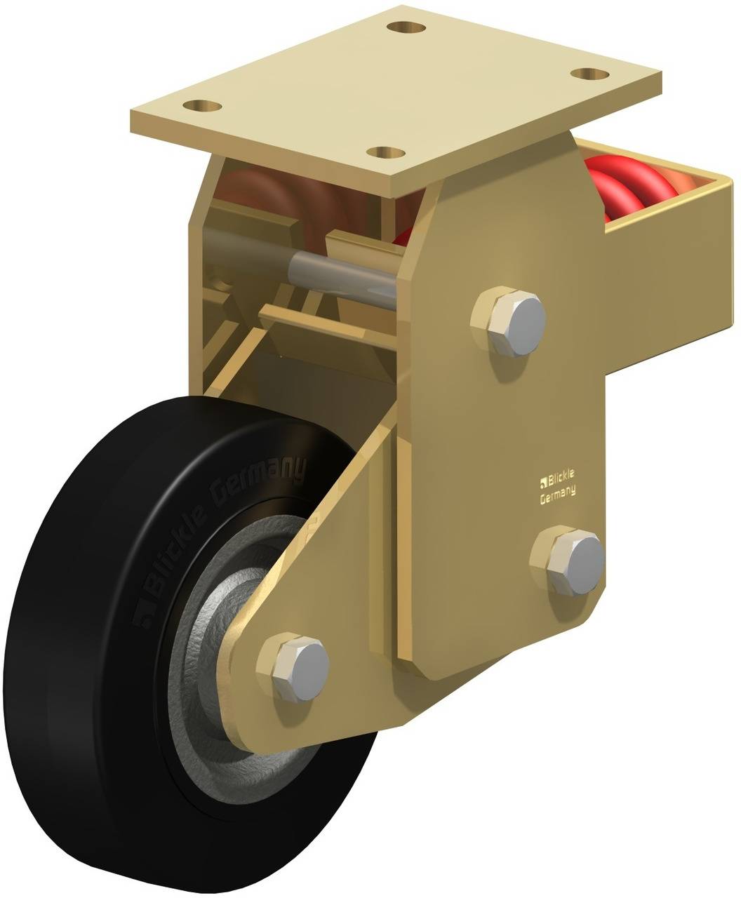 Industrie-Schwenkrolle mit schwarzem Rad, goldgelbem Gehäuse und Federung für Stoßdämpfung. Eignet sich für schwere Lasten.