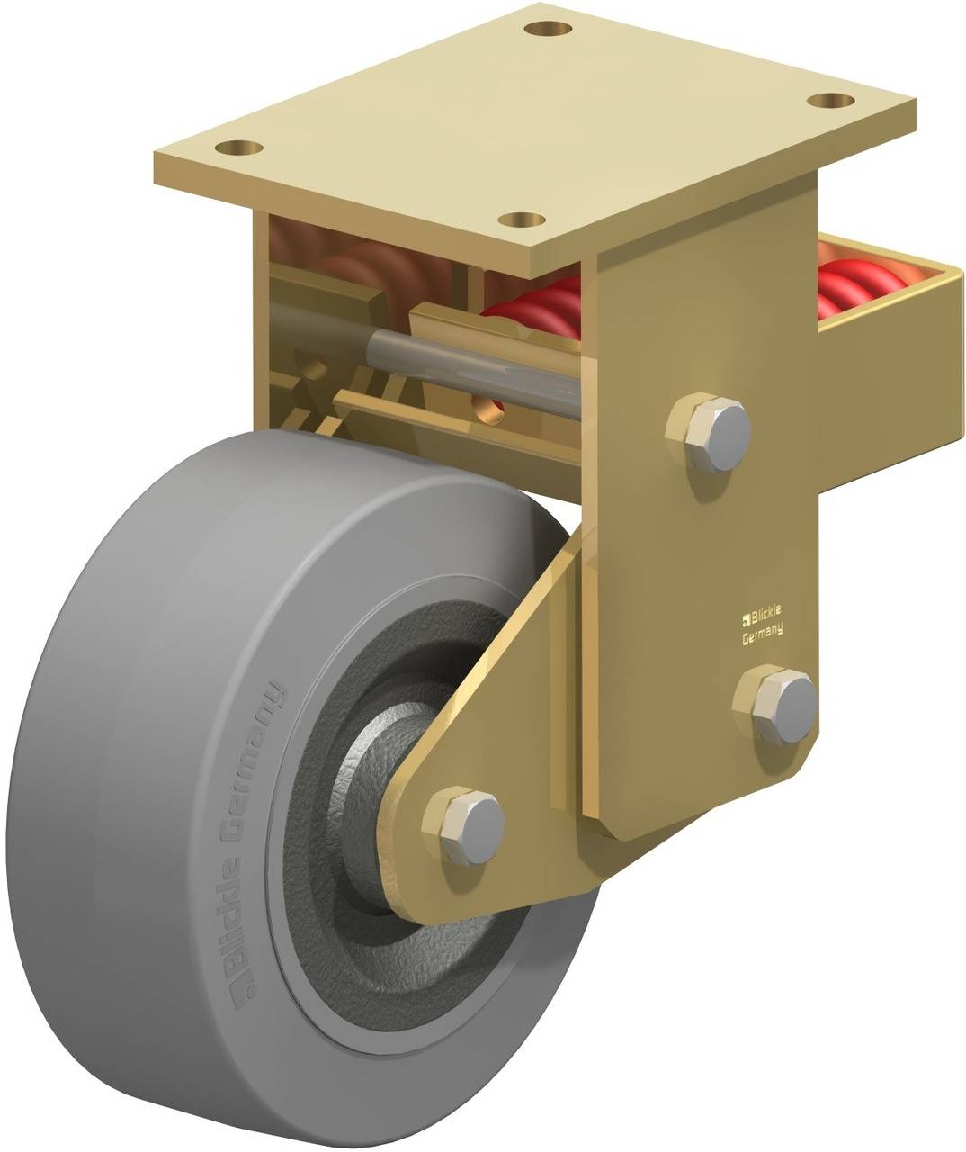 Ein industrielles Schwenkrad mit Federn, metallisch-goldener Halterung und grauer Gummilauffläche, für robuste Transportgeräte.