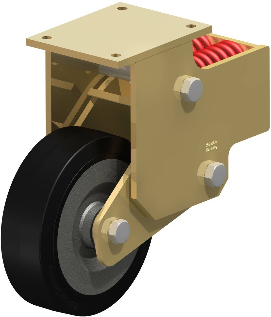 Federbelastetes Schwenkrad mit schwarzem Rad und goldener Befestigungsplatte, geeignet für industrielle Anwendungen.