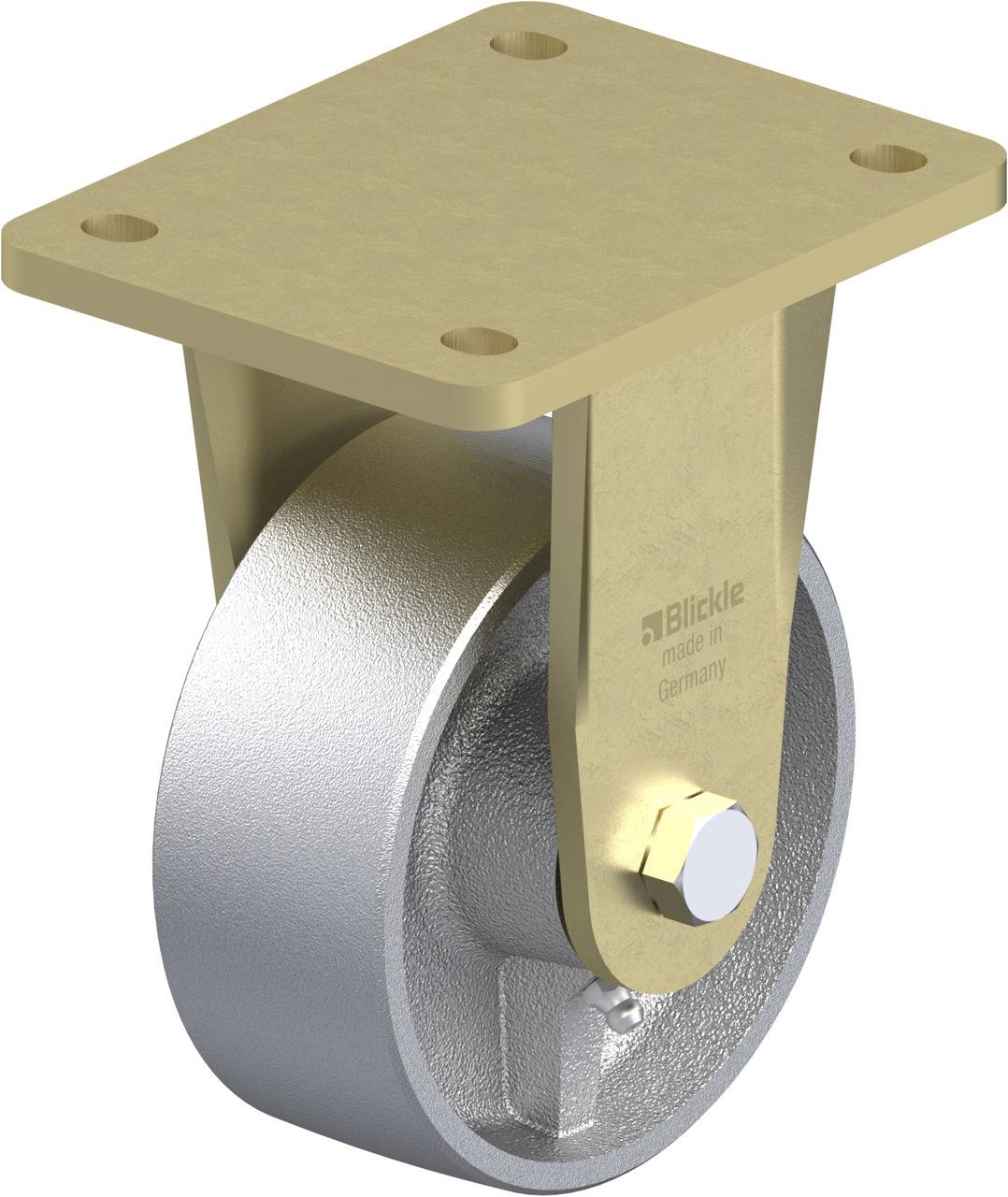 Schwenkrolle mit Metallrad und Befestigungsplatte aus Messing.
