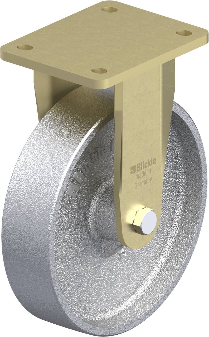 Abbildung eines Rades mit Metallgehäuse und Befestigungsplatte. Rad mit Prägung 'Blickle made in Germany', für industrielle Anwendungen.