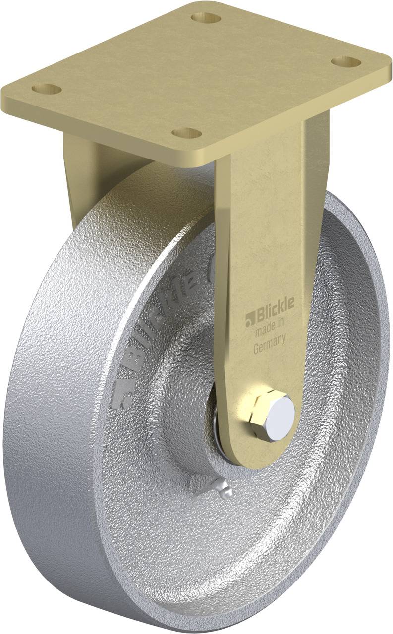 Industrie-Rad mit Befestigungsplatte und goldener Halterung, auf der 'Blickle made in Germany' steht. Robuste Konstruktion für schwere Lasten.