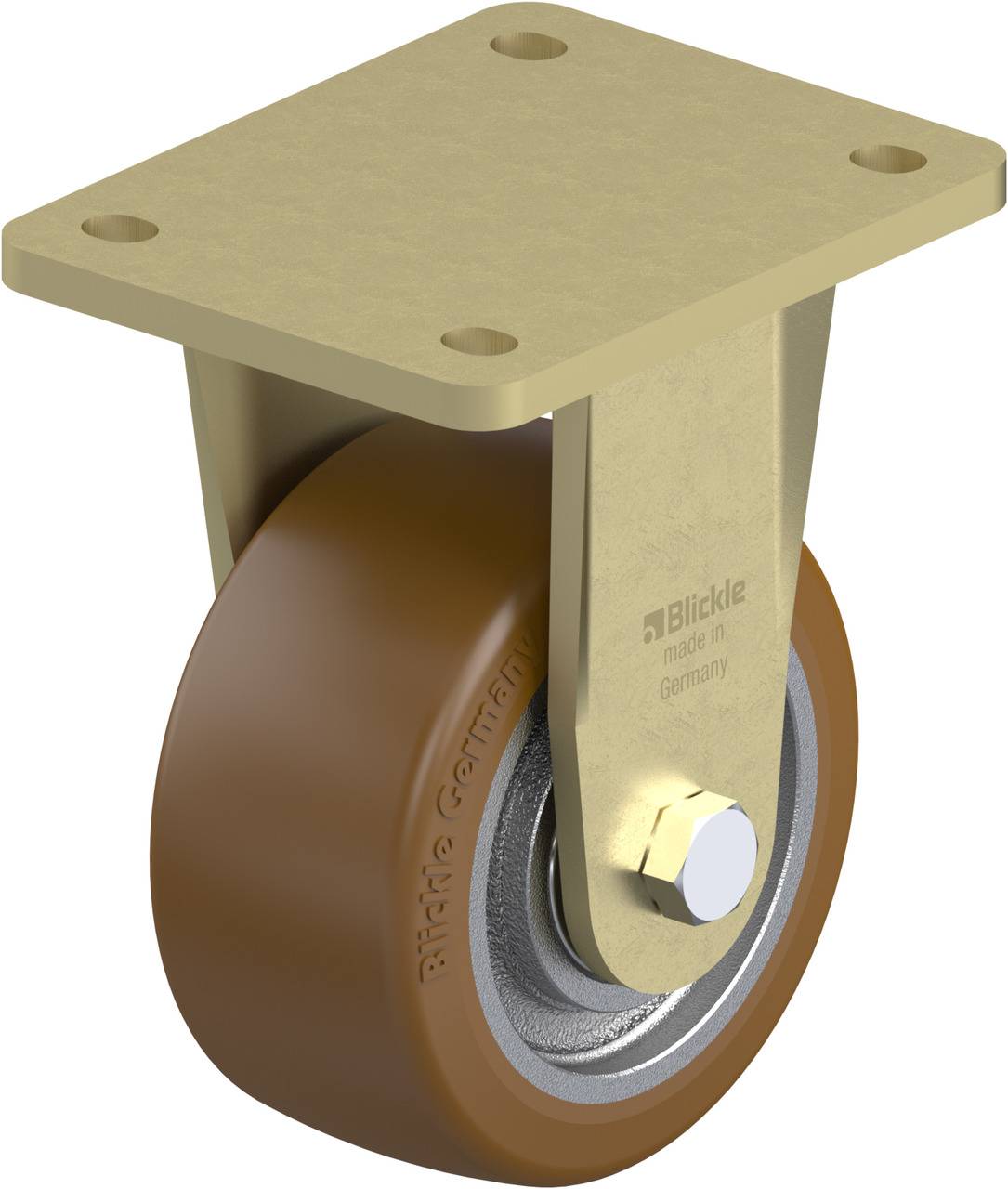 Schwenkrolle mit braunem Rad und rechteckiger Platte, geeignet für Möbel oder Industrieanwendungen.