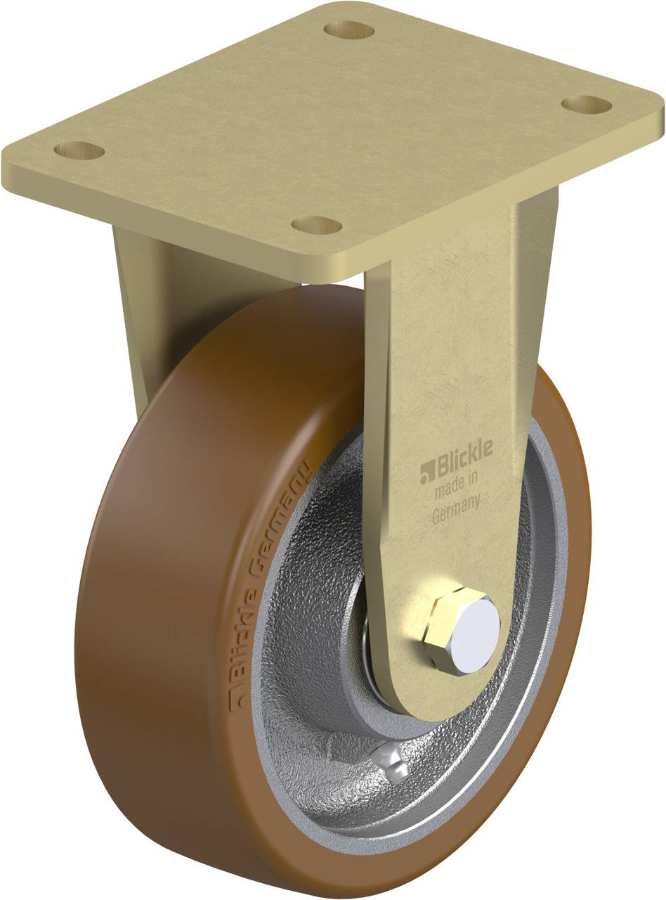 Lenkrolle mit braunem Rad und goldfarbener Halterung, geeignet für industrielle Anwendungen; hergestellt in Deutschland.