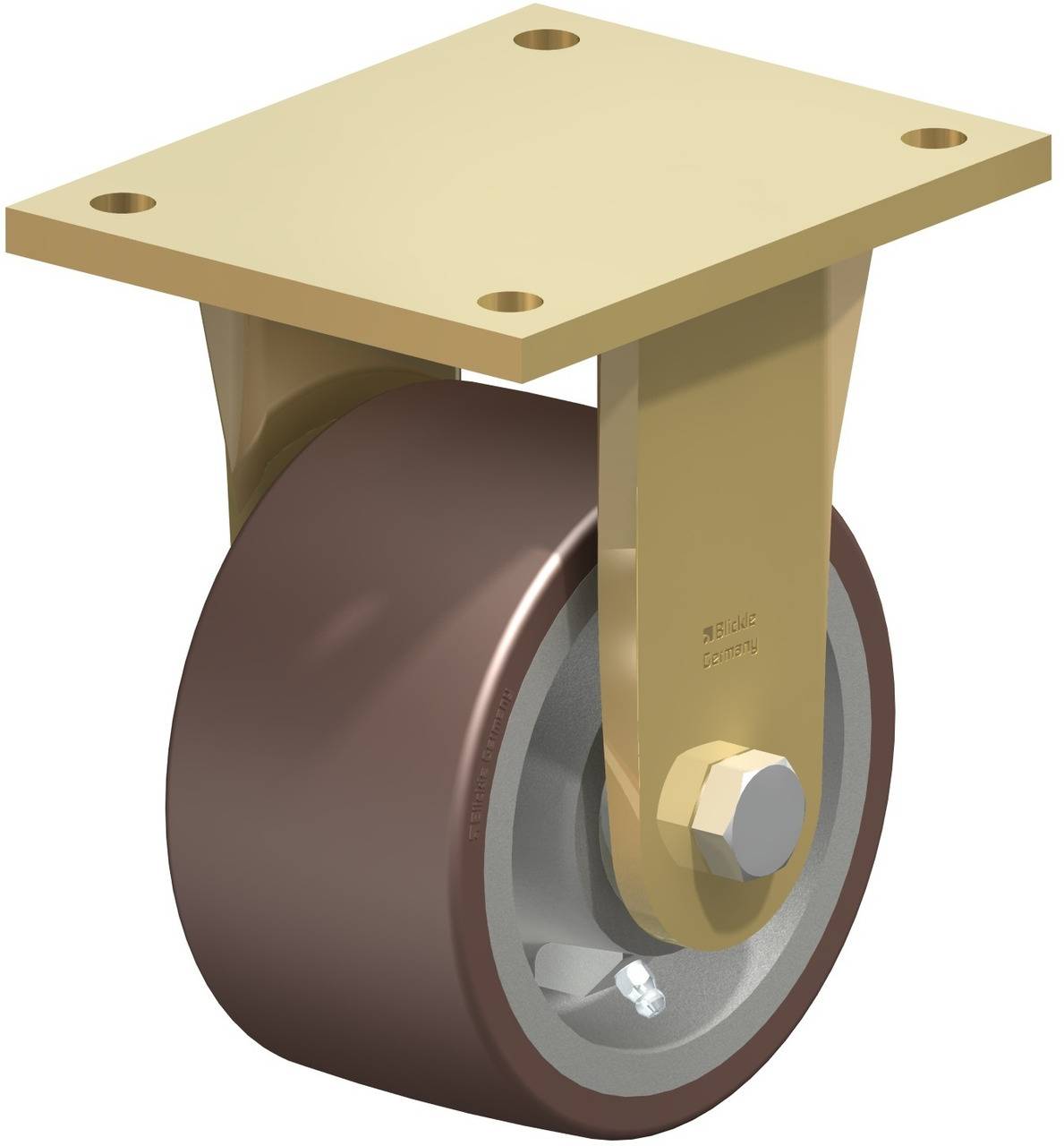 Schwenkrolle mit Halterung und braunem Rad, verwendet für Mobilität von Möbeln oder Geräten. Solide Bauweise mit Befestigungsplatte.