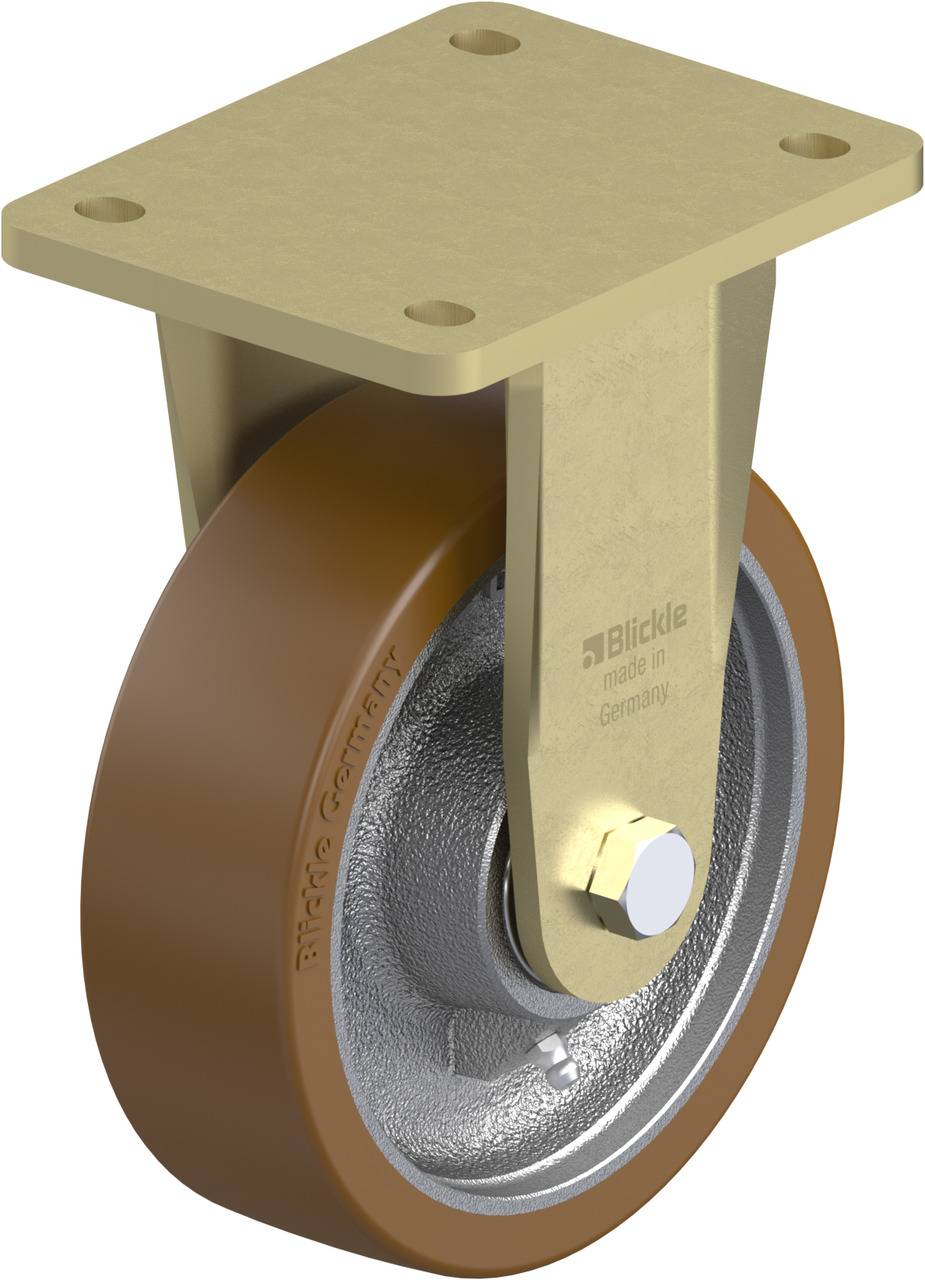 Schwerlastrolle aus Metall mit braunem Rad und Befestigungsplatte, geeignet für den industriellen Gebrauch.