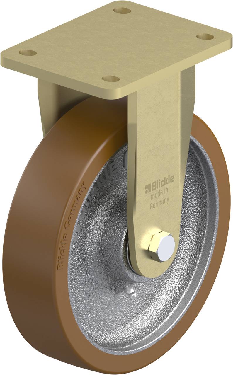 Ein robustes Rad aus Metall und Kunststoff in Braun und Silber, geeignet für industrielle Anwendungen. Markiert mit 'Blickle, Made in Germany'.