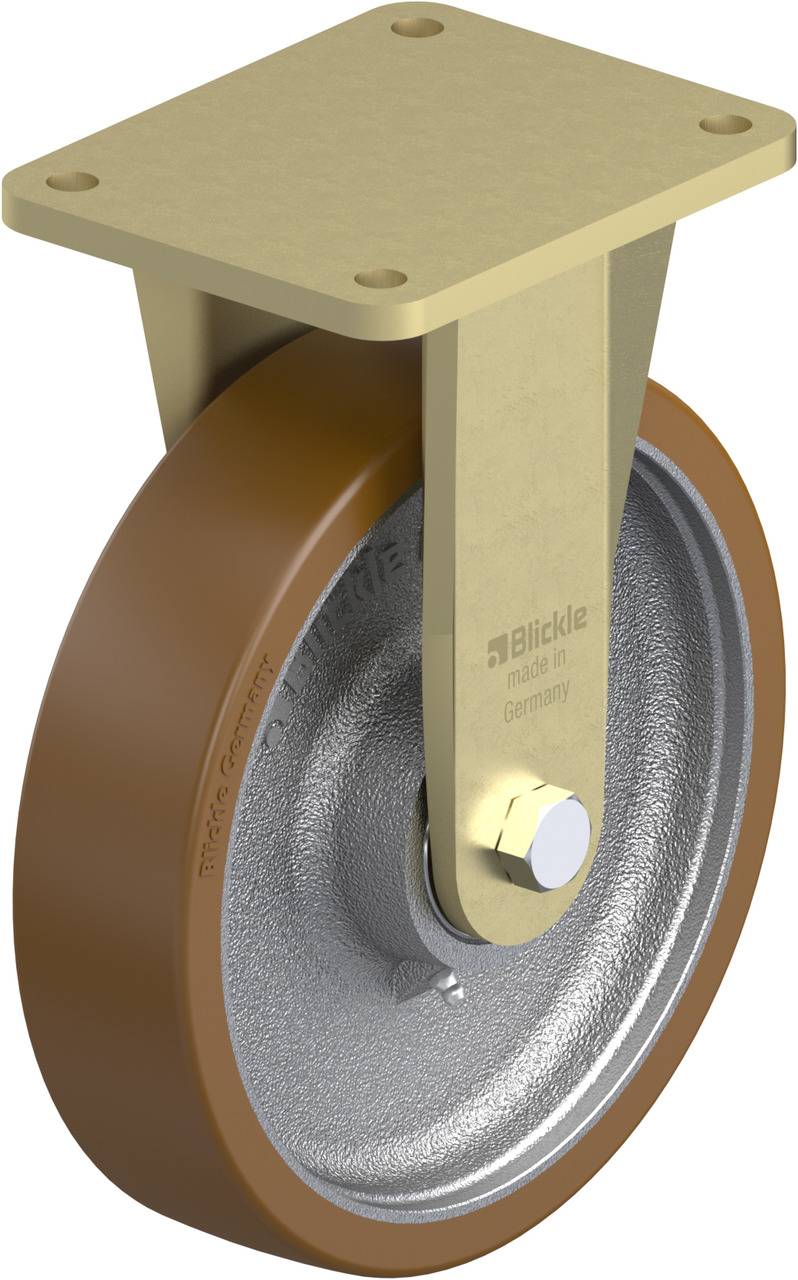 Ein braunes Rad aus Metall und Kunststoff mit einer goldenen Halterung, seitlich gesehen. Beschriftet mit 'Blickle Made in Germany'.