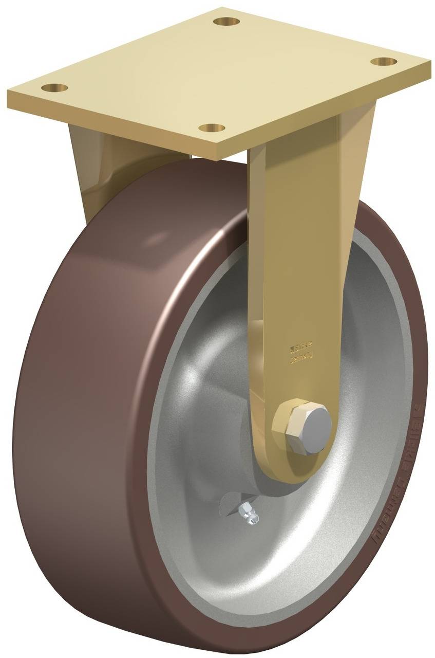 Industrie-Lenkrolle mit braunem Rad, Metallplatte oben zur Befestigung, geeignet für schwere Lastentransporte.