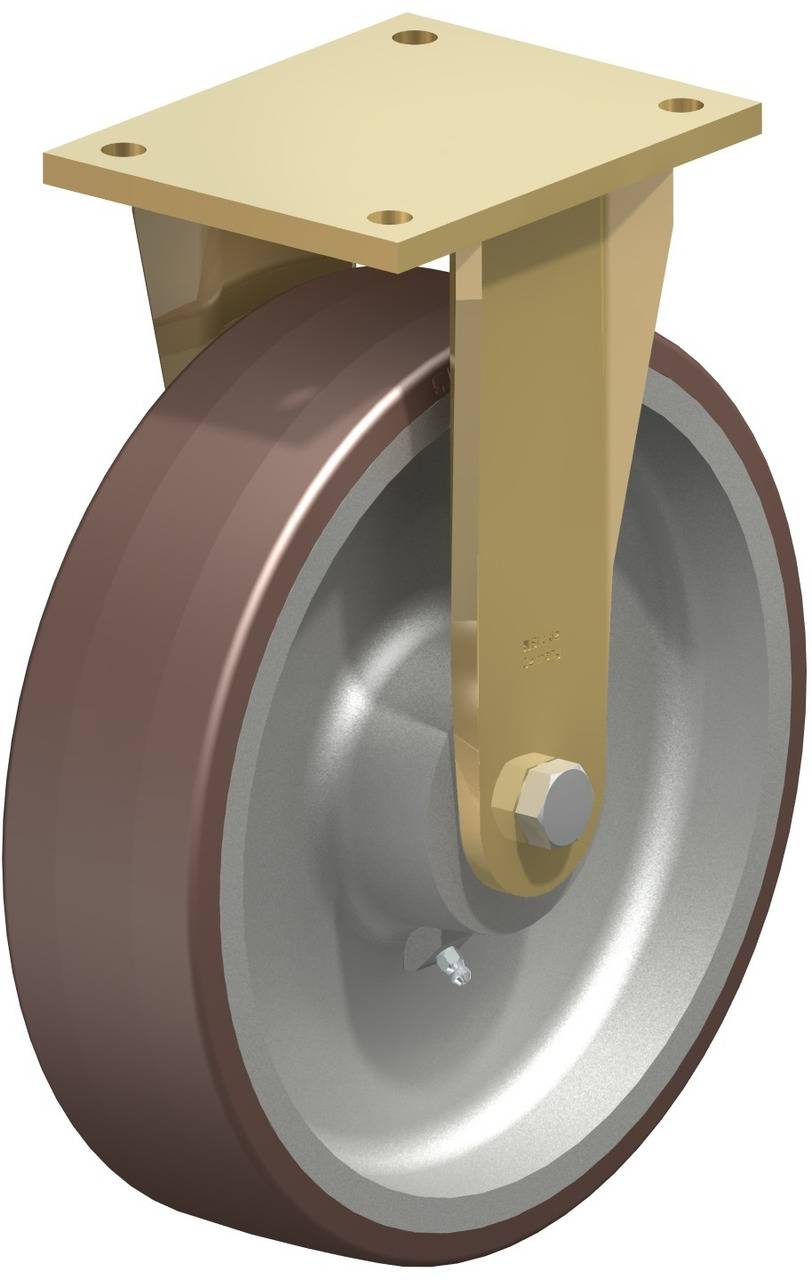 Ein Schwerlast-Lenkrolle mit einem stabilen Gehäuse und einer Metallplatte zur Befestigung. Geeignet für industrielle Anwendungen.